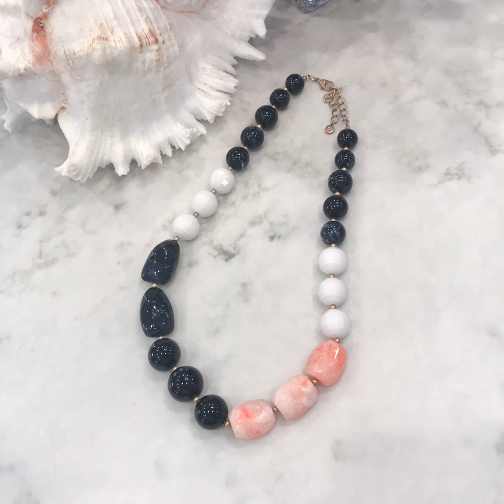 Navy, white & peach beaded necklace